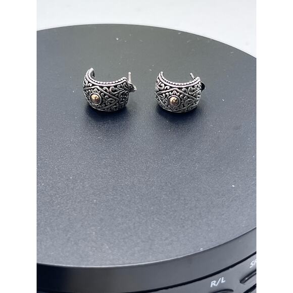 NF Signed 925 Bali Crafted Floral Half Hoop Pierced Earrings Gold Accent - Picture 9 of 10